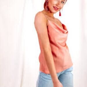 KASIA NEW SILK LIKE ORANGE COWL NECK BLOUSE WITH GOLD STRAPS SIZE SM RETAIL $70